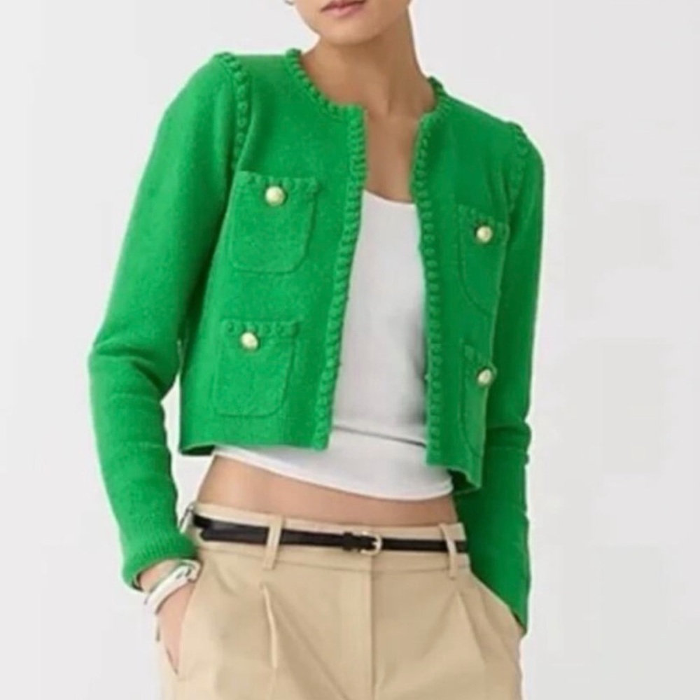 J. Crew Bright Green Odette Boucle Cropped Sweater Lady Jacket Medium Spring